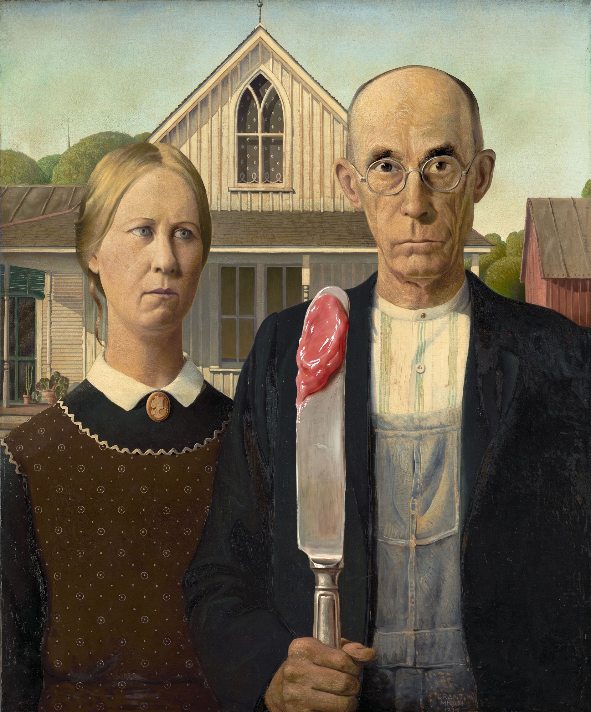 American Gothic, met smeermes, naar Grant Wood, 1930