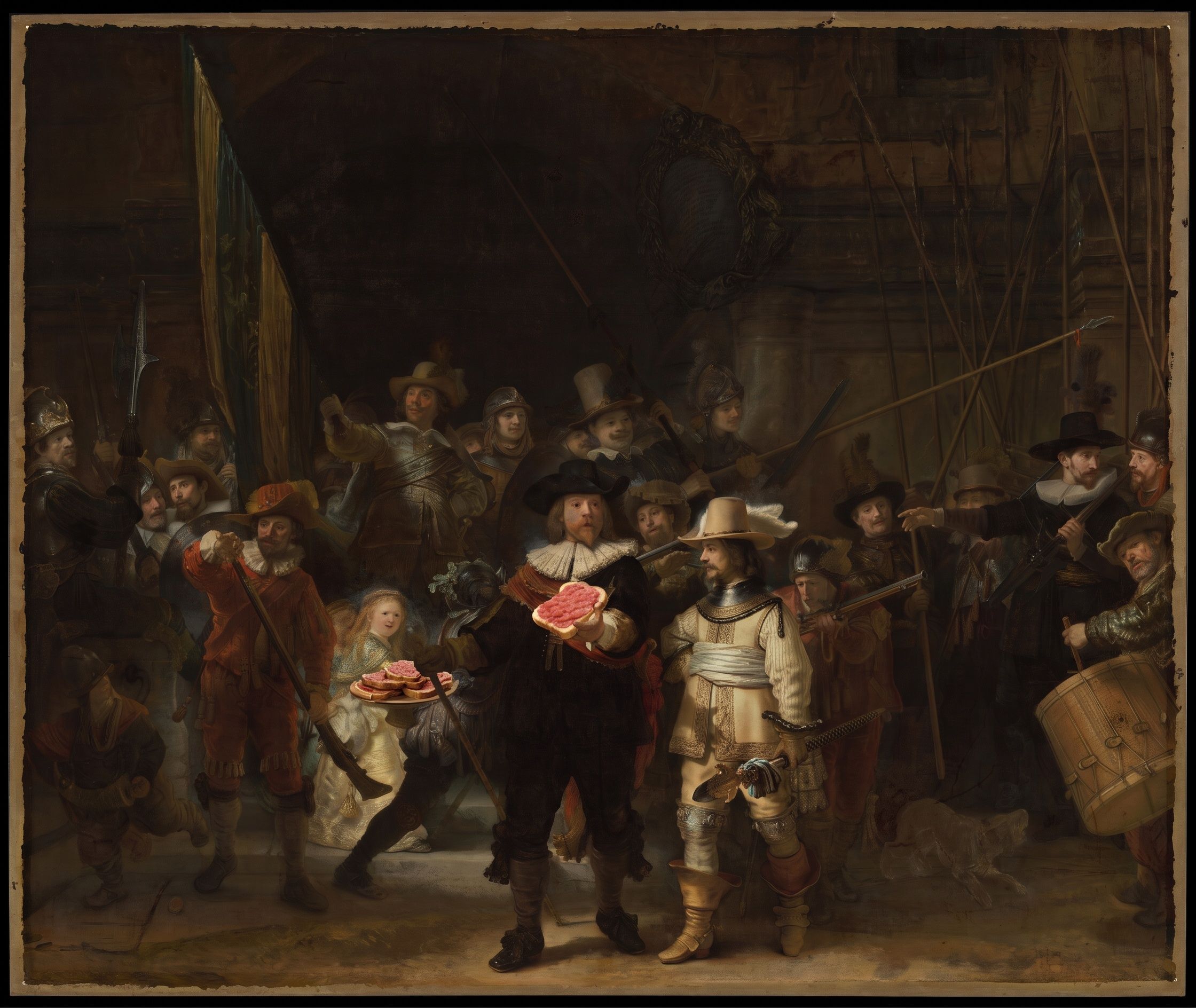 De Nachtwacht (snackpauze), naar Rembrandt van Rijn, 1642
