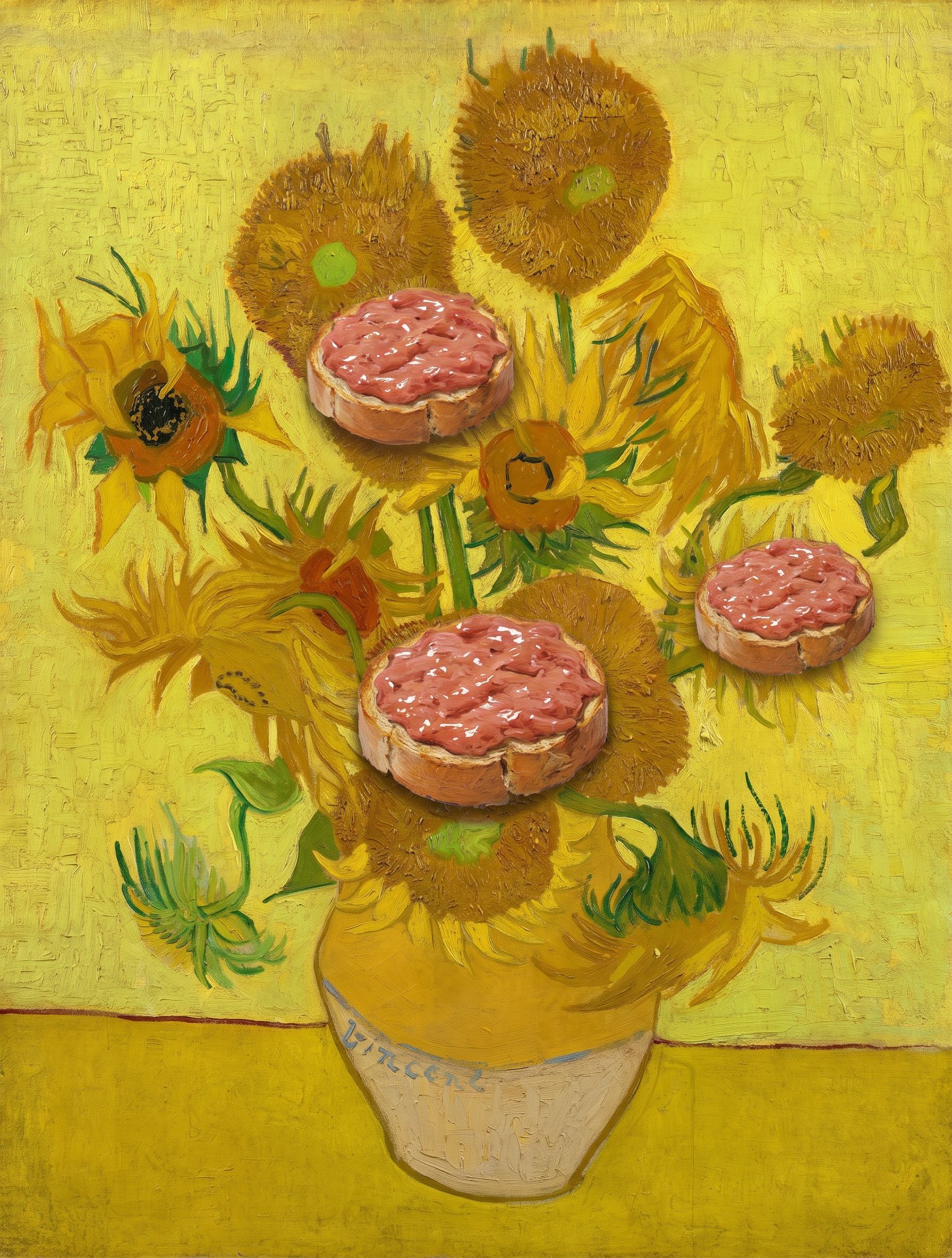 Zonnebloemen (getoast), naar Vincent van Gogh, 1888